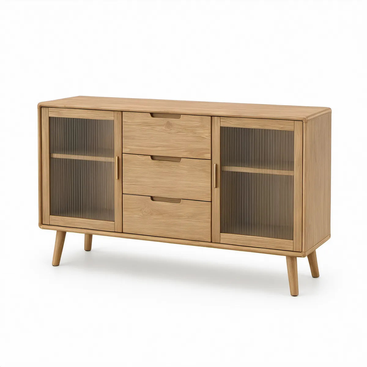 Vitrine-Sideboard aus Natureiche mit Rauchgrauem Riffelglas, 160 x 40 x 85 cm