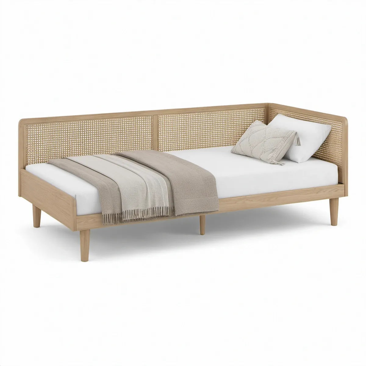 Tagesbett aus massivem Gummibaumholz und Rattan, Natur, 90 x 200 cm