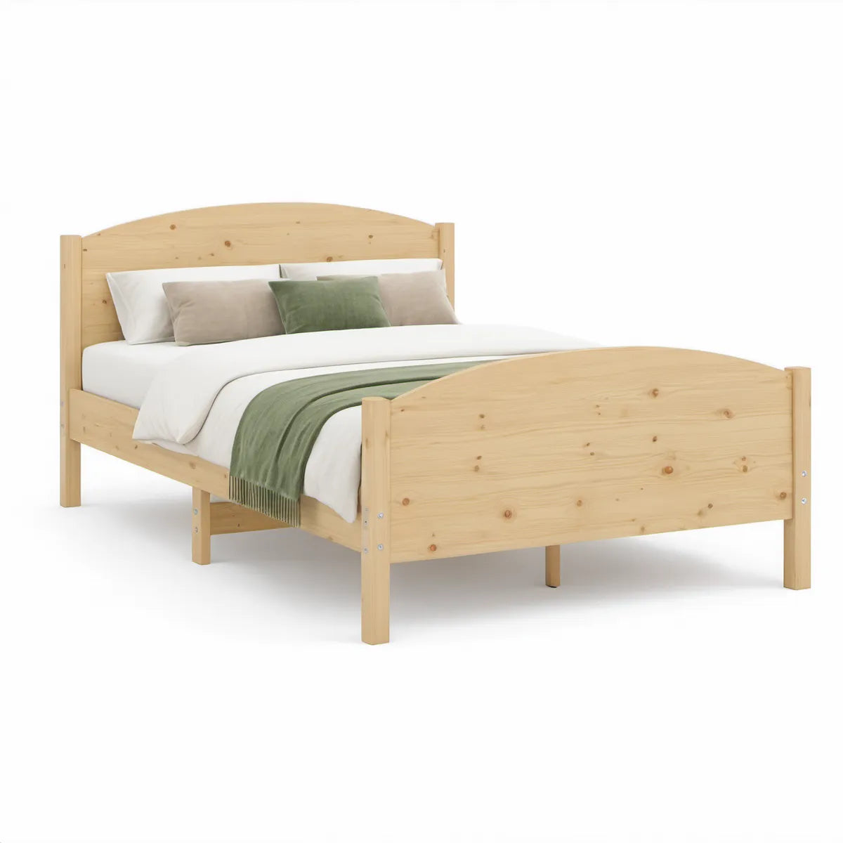 Doppelbett 180 x 200 cm aus massivem Kiefernholz mit gewölbtem Kopf- und Fussteil, Natur