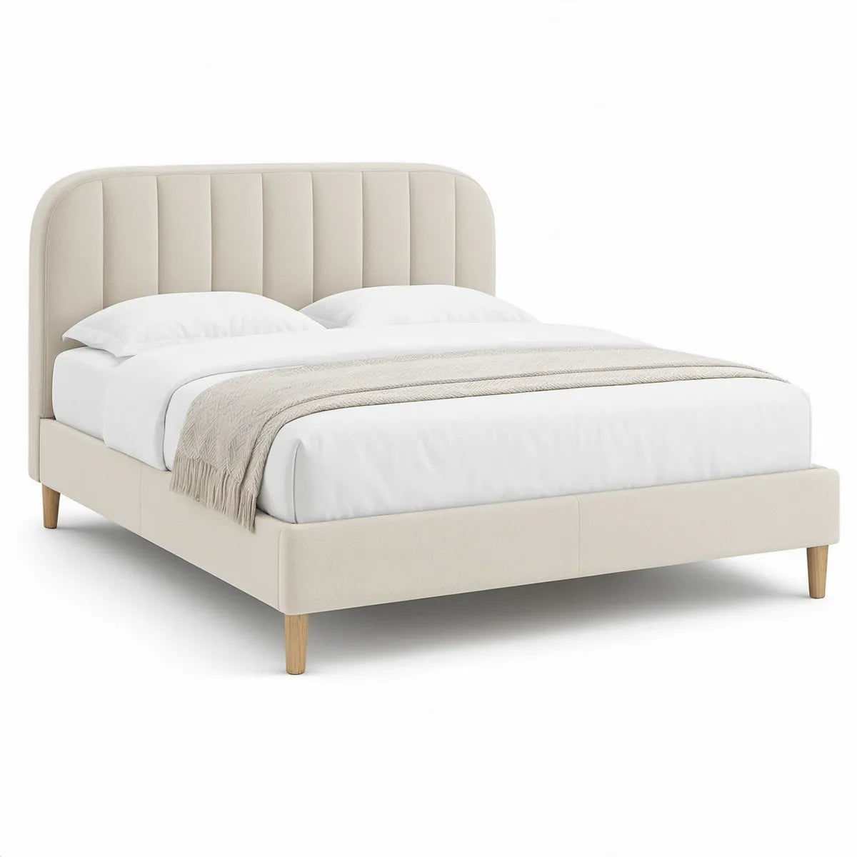Doppel-Polsterbett 160 x 200 cm mit abgerundetem, vertikal gestepptem Kopfteil, Beige/Naturholz