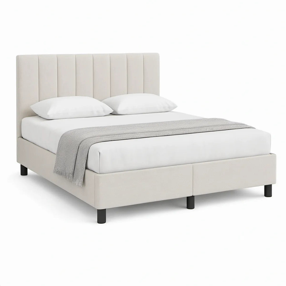 Polsterbett Doppelbett 180 x 200 cm mit vertikal gestepptem Kopfteil, Cremeweiss