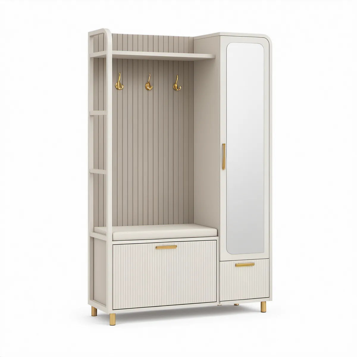 Garderobenschrank mit Sitzbank, Spiegel und Schuhfach in Cremeweiss, Beige und Gold, 120 x 40 x 190 cm