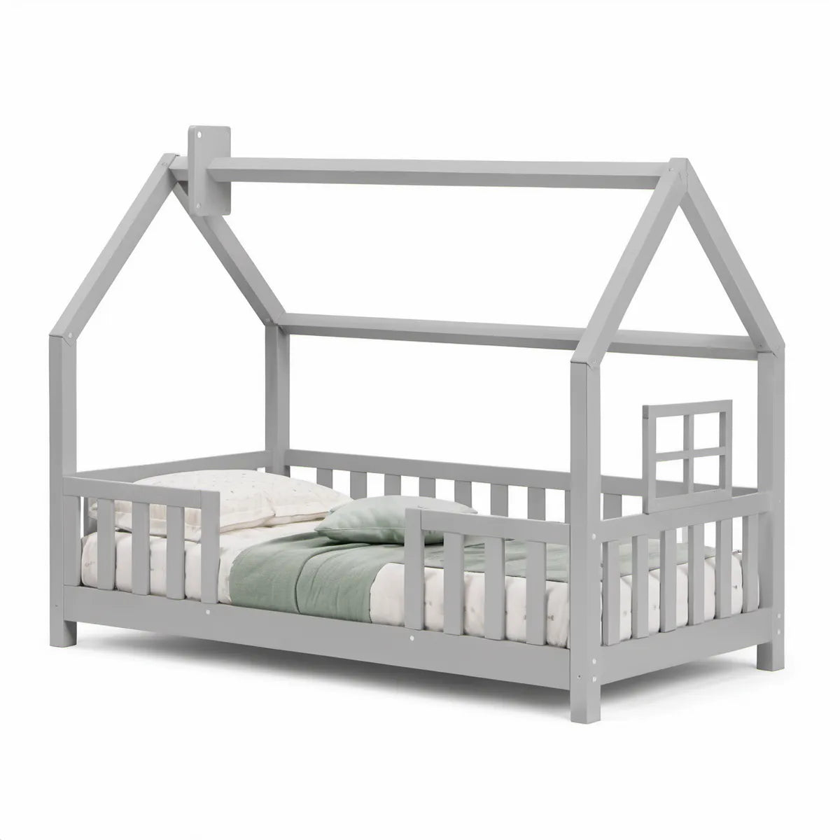 Kinderhausbett aus massivem Kiefernholz, Grau, 90 x 200 cm
