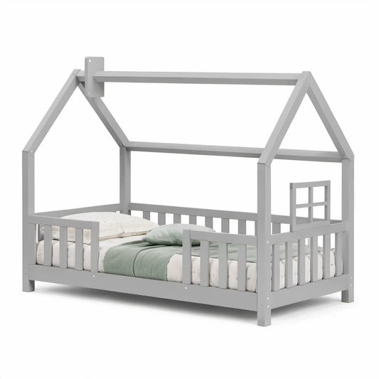 Kinderhausbett aus massivem Kiefernholz, Grau, 90 x 200 cm