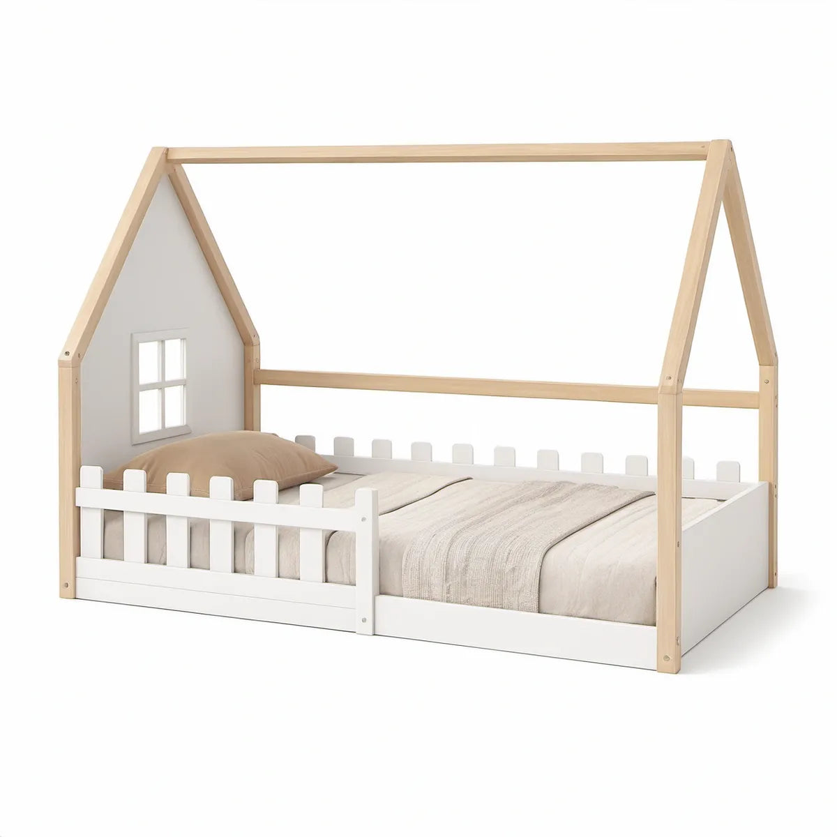 Kinderhausbett 90 x 200 cm mit Rausfallschutz aus massivem Kiefernholz Natur/Weiss