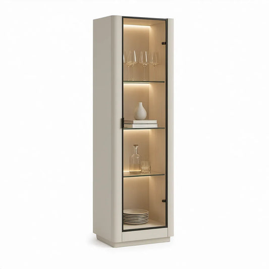 Vitrine mit Glastür und warmer LED-Beleuchtung, 60 x 40 x 180 cm, Creme/Transparent/Schwarz