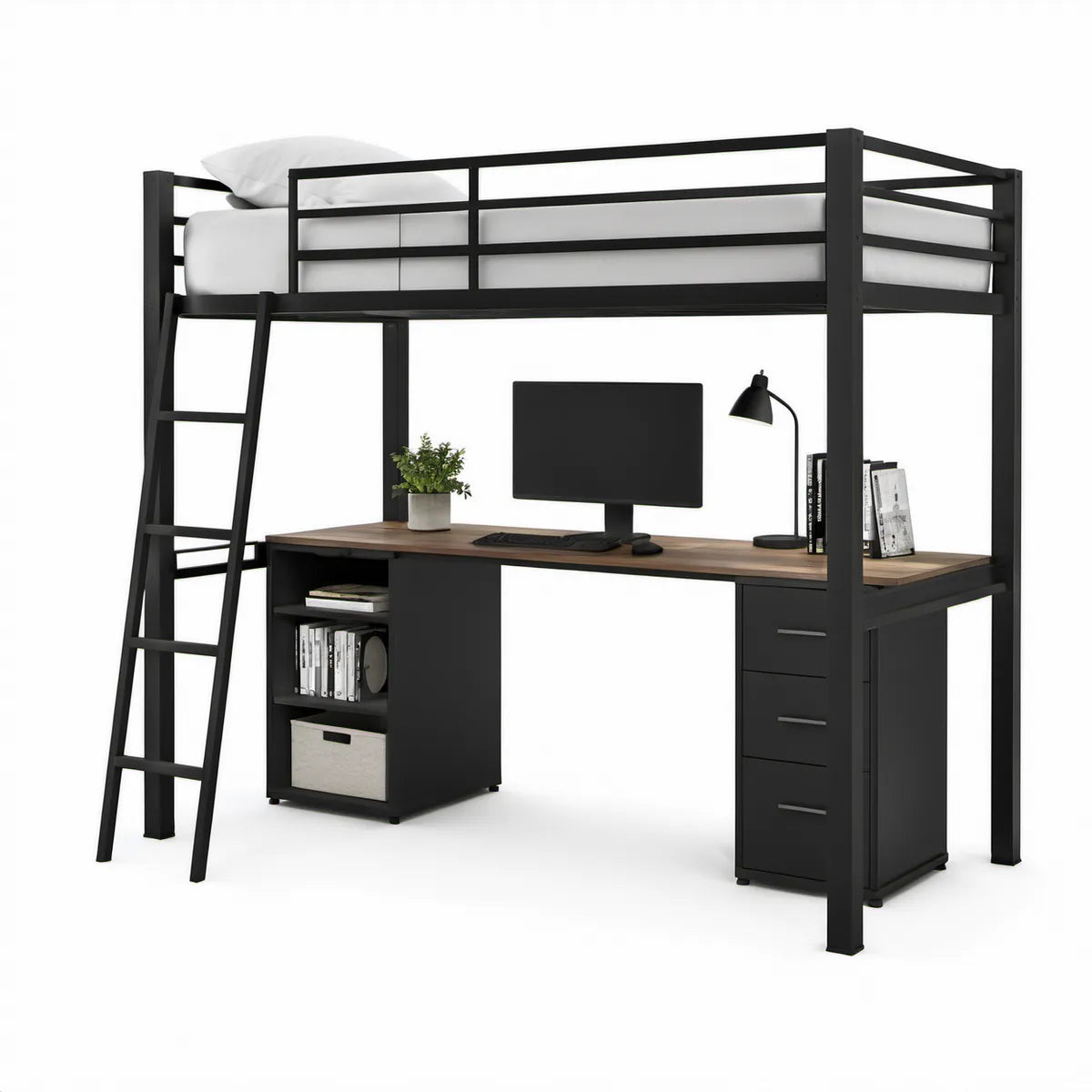 Hochbett mit Schreibtisch, Regal und 3 Schubladen, 90 x 200 cm, 204 x 145 x 180 cm, Schwarz/Braun