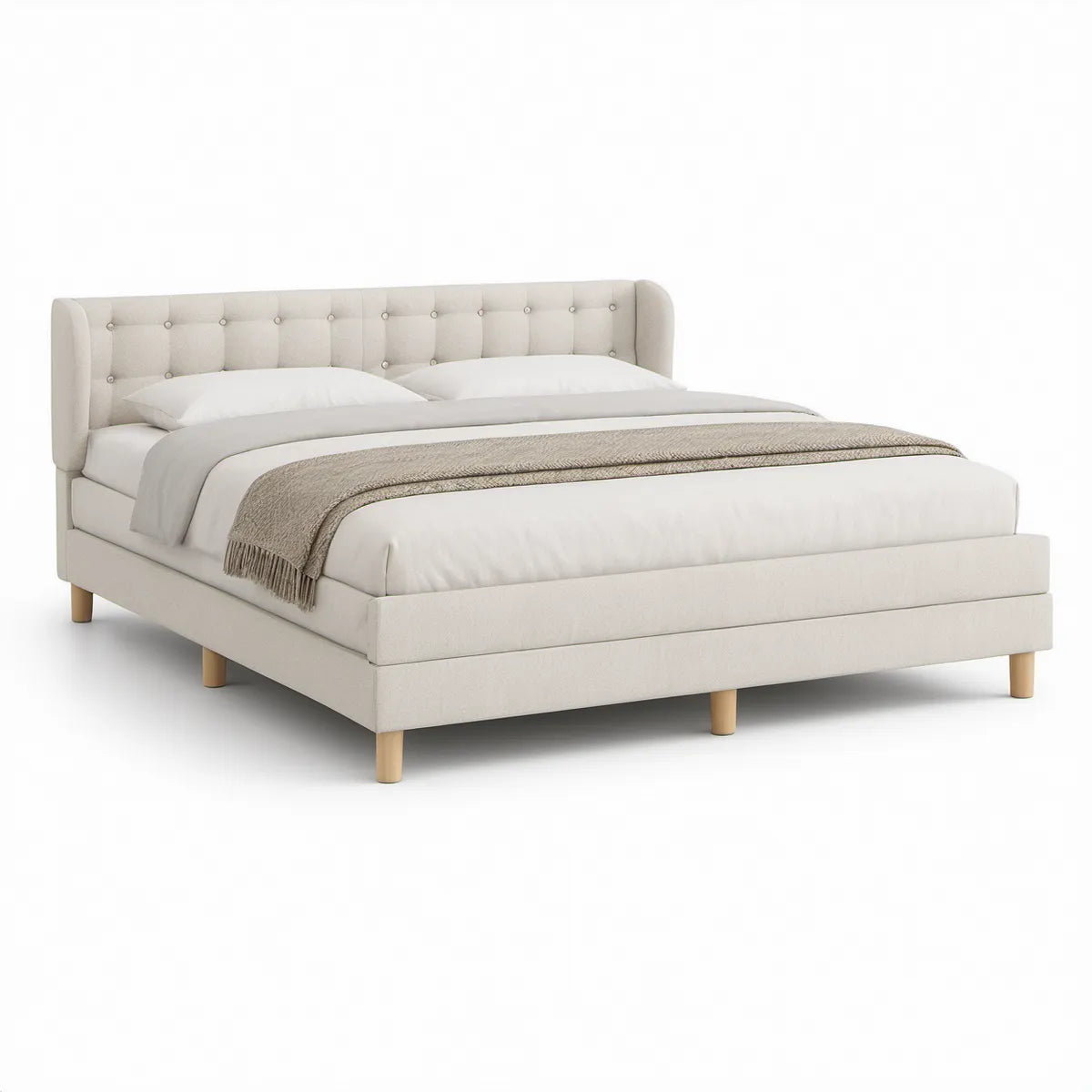Gepolstertes Doppelbett mit Kopfteil 180 x 200 cm, Creme