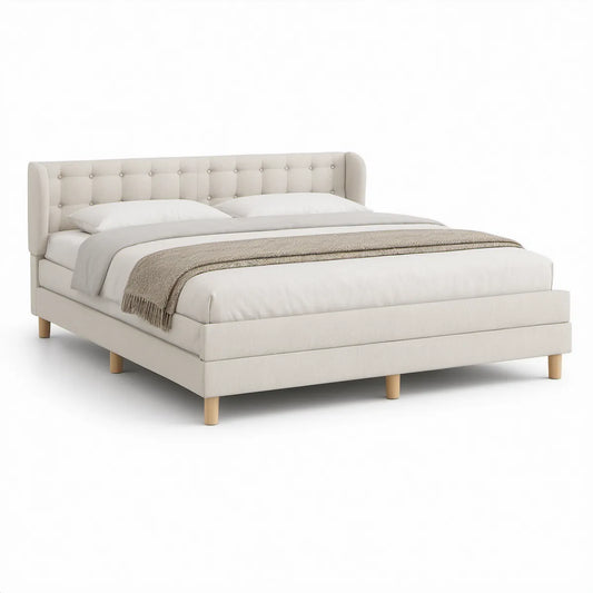 Gepolstertes Doppelbett mit Kopfteil 180 x 200 cm, Creme