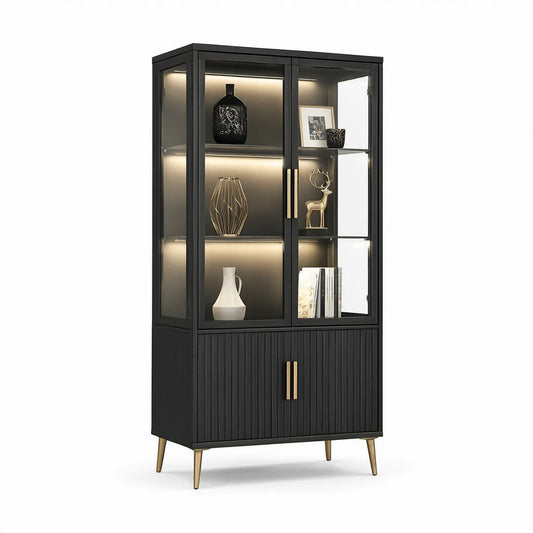 LED-Vitrine 90 x 40 x 180 cm aus MDF und Glas in Schwarz/Gold