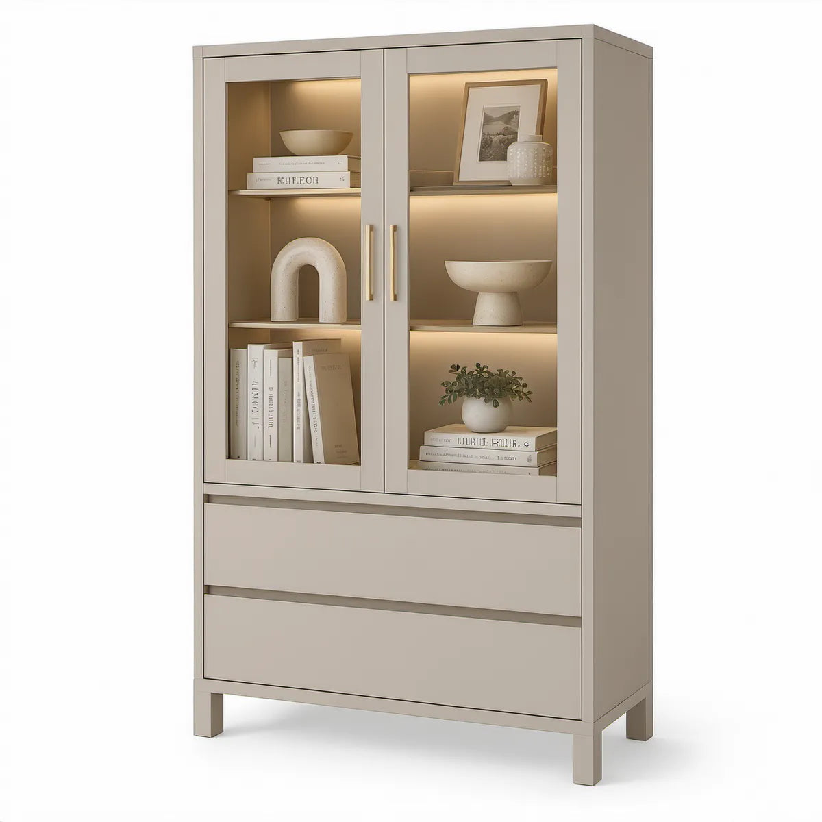 Taupefarbene Vitrine mit Glastüren, LED-Beleuchtung und Schubladen, 90 x 40 x 190 cm