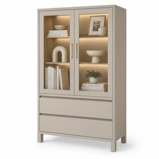 Taupefarbene Vitrine mit Glastüren, LED-Beleuchtung und Schubladen, 90 x 40 x 190 cm