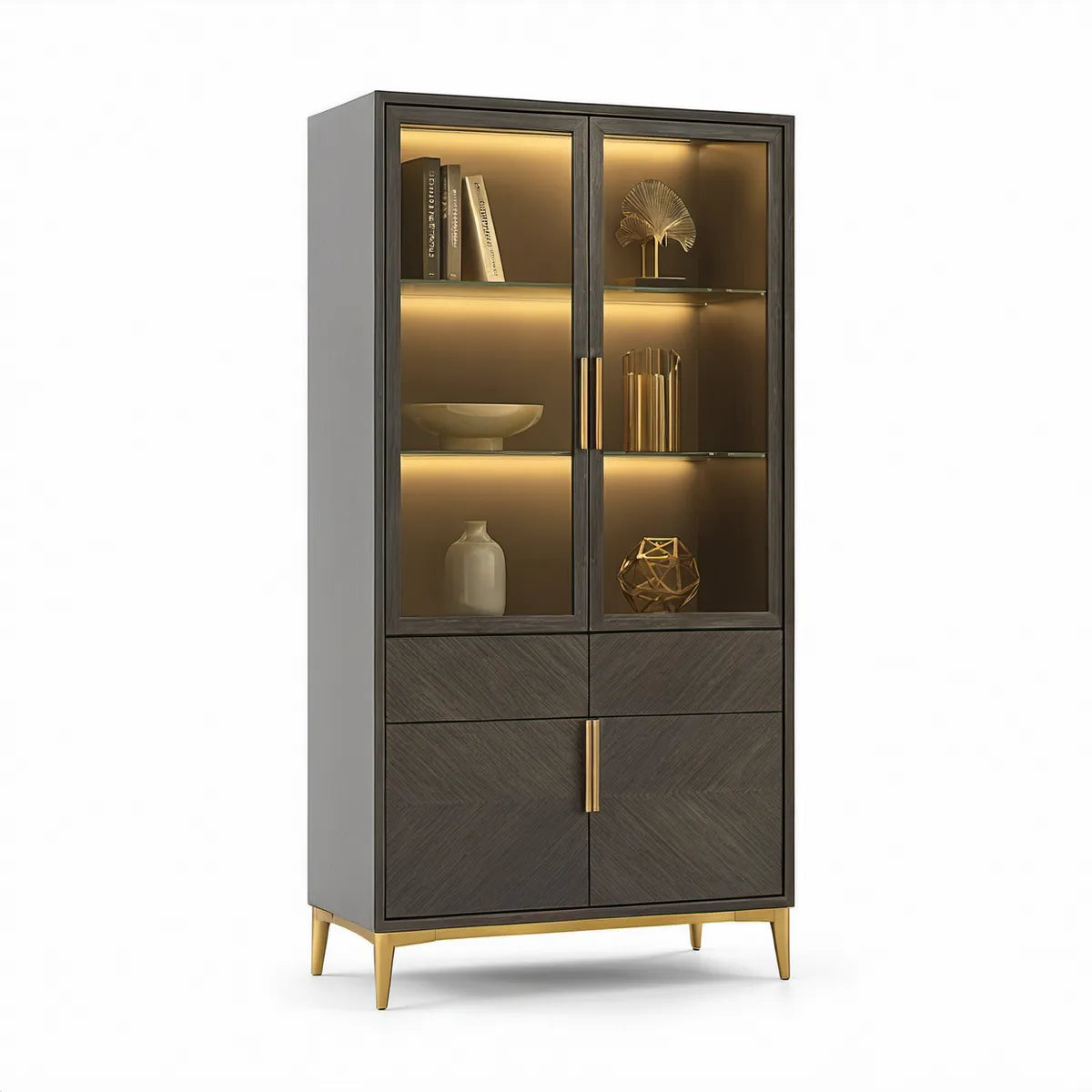 LED-Vitrine 90 x 40 x 180 cm aus MDF und Sicherheitsglas in Dunkleiche, Schwarz und Goldfarben