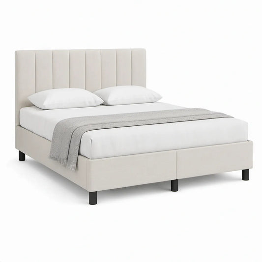 Polsterbett Doppelbett 180 x 200 cm mit vertikal gestepptem Kopfteil, Cremeweiss