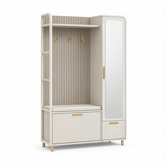 Garderobenschrank mit Sitzbank, Spiegel und Schuhfach in Cremeweiss, Beige und Gold, 120 x 40 x 190 cm