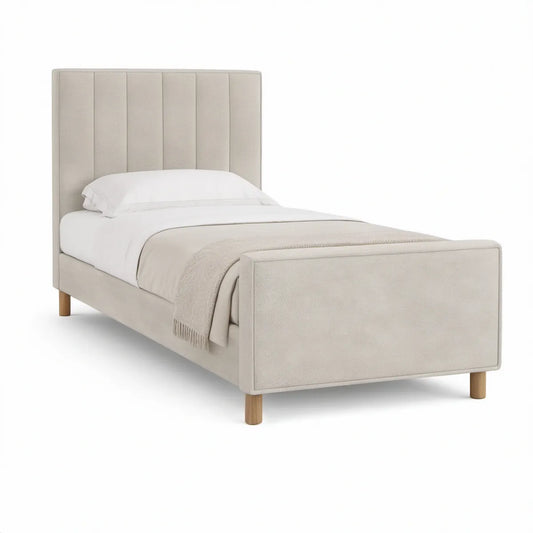 Beiges Polsterbett 90 x 200 cm mit hohem Kopfteil aus Polyester